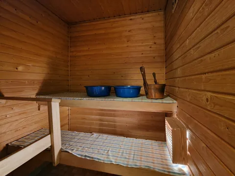 A wooden sauna room with two blue basins on the bench