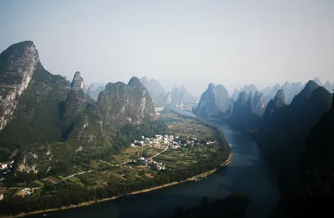 The Li River winding between karst peaks near Yangshuo