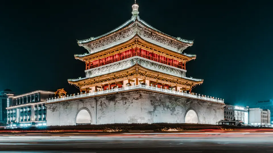 Xi'an Bell Tower lit up at night