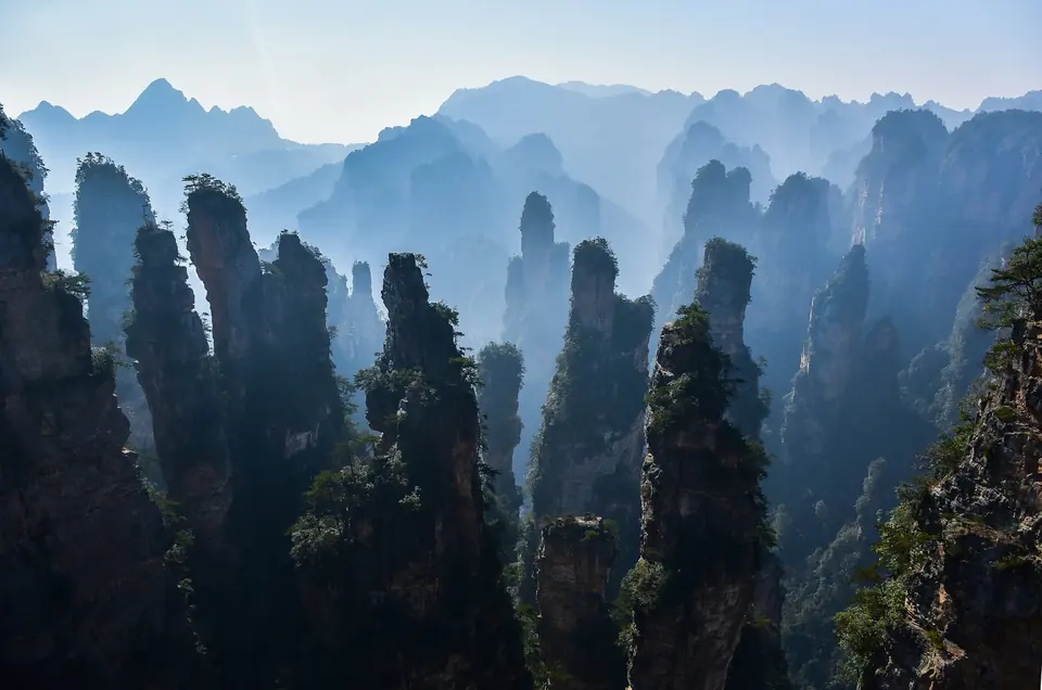 Sandstone pillars rising out of the mist in Zhangjiajie